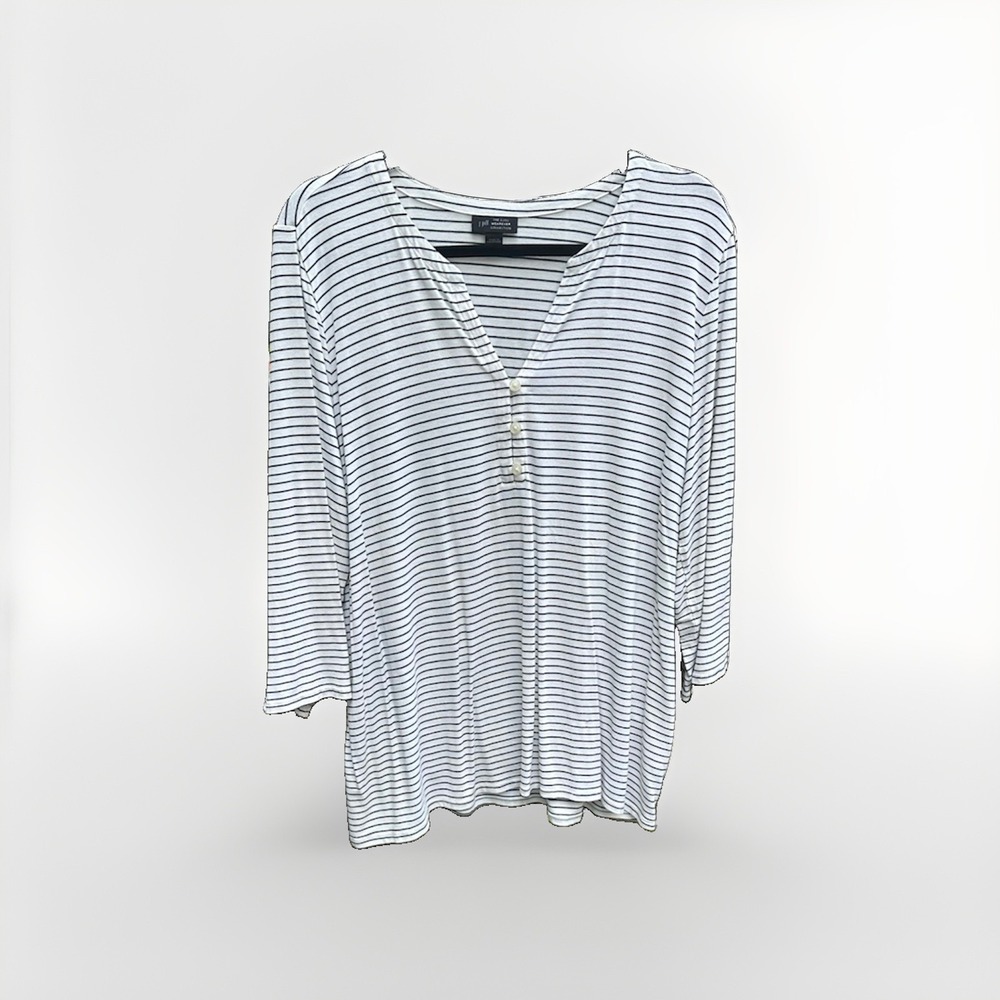 J. Jill Wearever White‎ Navy Blue Striped 3/4 Sleeve Henley Top Womens Large